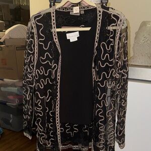 Black and Beige embroidered and sequined Sheer Cardigan with black shell tank